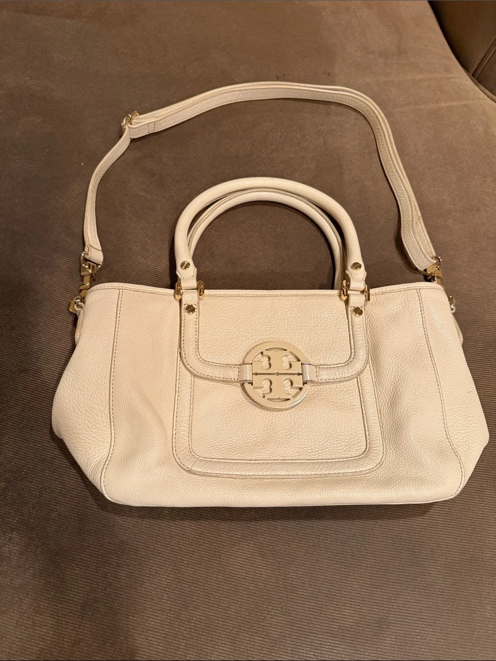 Tory Burch Cream Pebbled Leather Shoulder Satchel